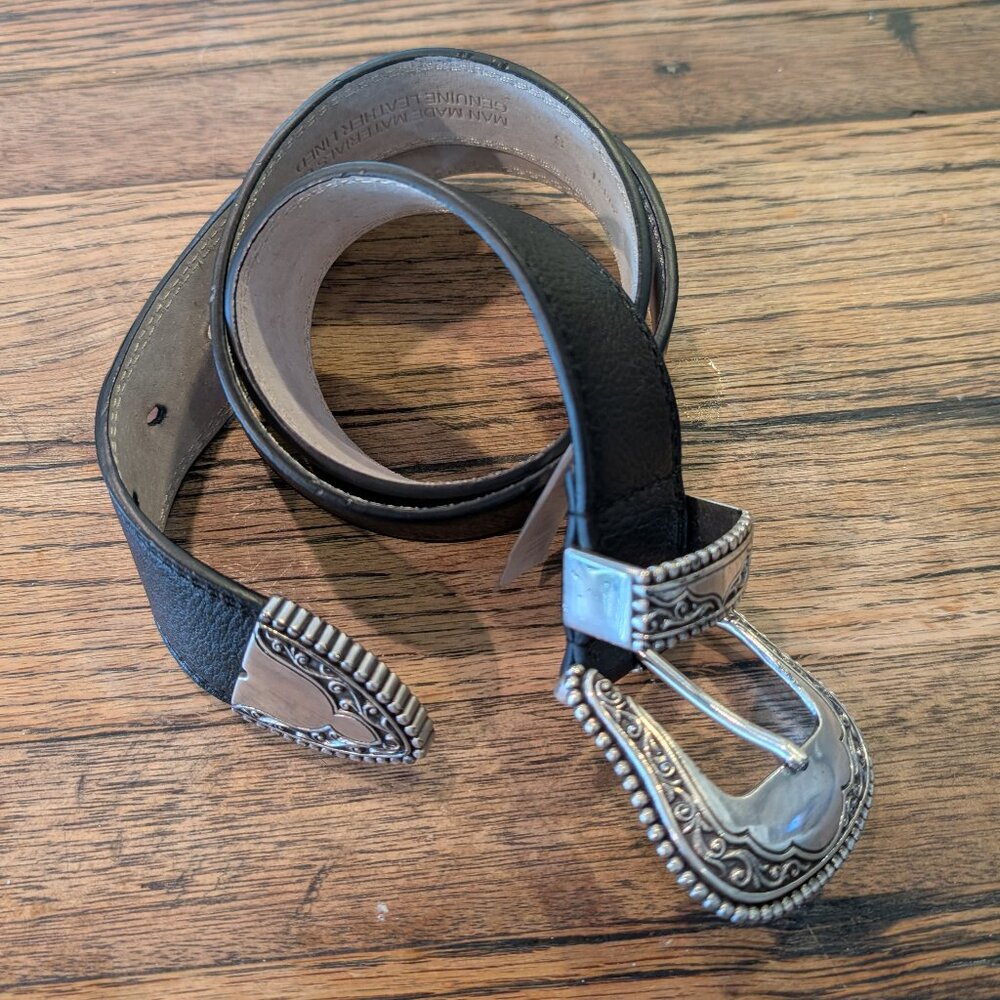 Womens Black Leather Lines Belt Silver Buckle Western Boho Size Small